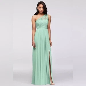 David's Bridal Lace Upper One Shoulder Lace & Chiffon Maxi Dress NEW Sz 10 Mint - Picture 1 of 6