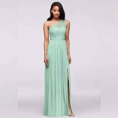 Maxi Vestido David's Novia Encaje Superior Un Hombro Encaje y Gasa NUEVO Talla 10 Como Nuevo Foto 1 de 4