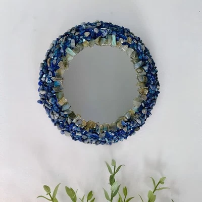 Luxury Crystal Wall Mirror 15x15” – Handmade Blue Gemstone Round Mirror | Home A - Image 1 of 3