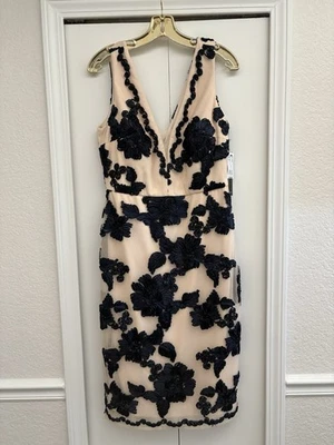 Nicole Miller Beige Navy Embroidered 3-D Floral Cocktail Lace Dress Size 10 NEW! - Image 1 of 4