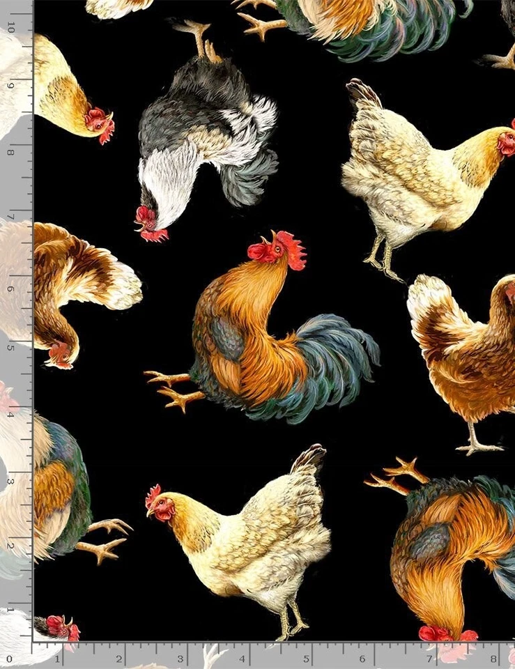 Animal Fabric - Farm Life Chicken Rooster Toss Black - Timeless Treasures YARD - Image 1 of 1