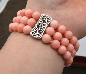 New 3 row Women's Natural 8mm Rhodochrosit Beads Stretch Tibetan Silver Bracelet - Picture 1 of 4