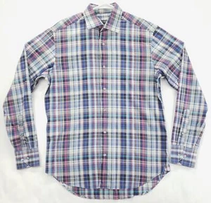 Saks Fifth Avenue Shirt Mens Small Pink Blue Plaid Linen Classic Button-Up - Picture 1 of 12