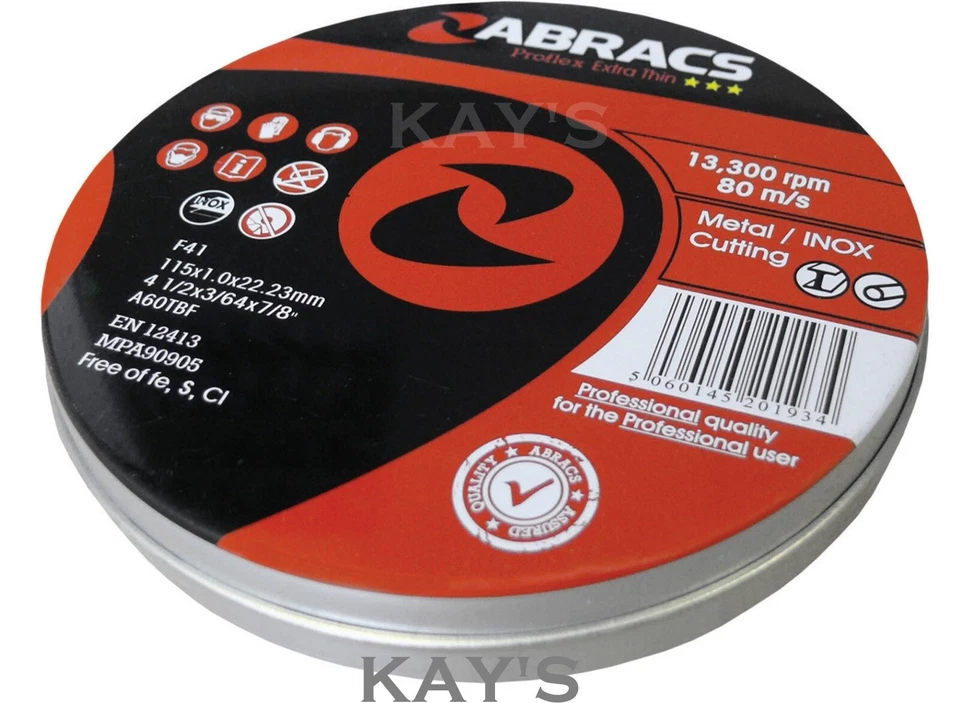 EXTRA THIN METAL CUTTING DISCS 115mm x 1mm TINS OF 10 ABRACS FLAT INOX SLITTING