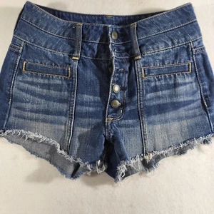 American Eagle Hi Rise Button Fly Cut Off Jean Shorts Womens Sz 2 Blue - Picture 1 of 5