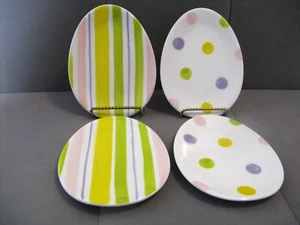 4 Tag Oval Ceramic Easter Egg Appetizer Snack Plates Polka Dots & Stripes - Picture 1 of 4