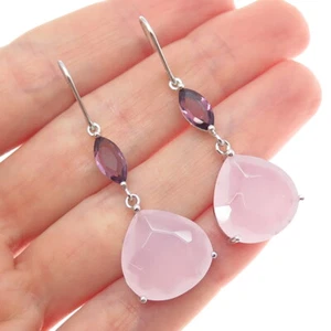 925 Sterling Silver Real Rose Chalcedony & Amethyst Dangle Earrings - Picture 1 of 7