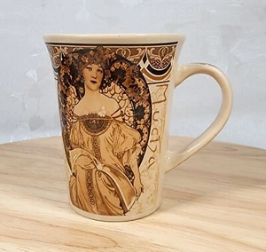 Mucha Coffee Mug Cup Ceramic 11oz All Over Print Beige Brown - Picture 1 of 9