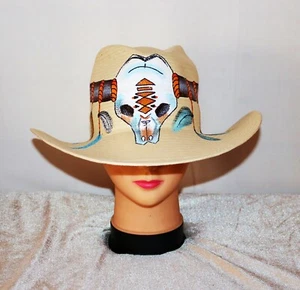 Cappello cappello di paglia cappello western cappello estivo naturale bufalo totem indiano cowboy carnevale - Foto 1 di 3