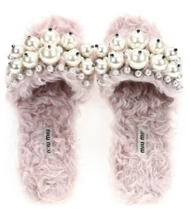 MIU MIU Pearly Embellished Faux Fur Casual Slip On Slipper Flats Size 36.5 - Picture 1 of 6