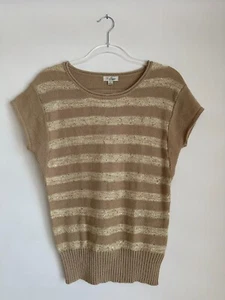 Neu Vintage Guess Kurzarm Strick Pullover Oberteil Beige Gold Streifen Größe S - Bild 1 von 10
