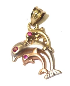 14k yellow rose white gold 3 dolphin ruby pendant 2.4g - Picture 1 of 9