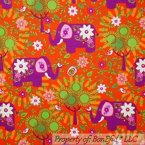 BonEful Fabric FQ Flannel Cotton Quilt Orange Purple White Elephant Flower Bird - Picture 1 of 12