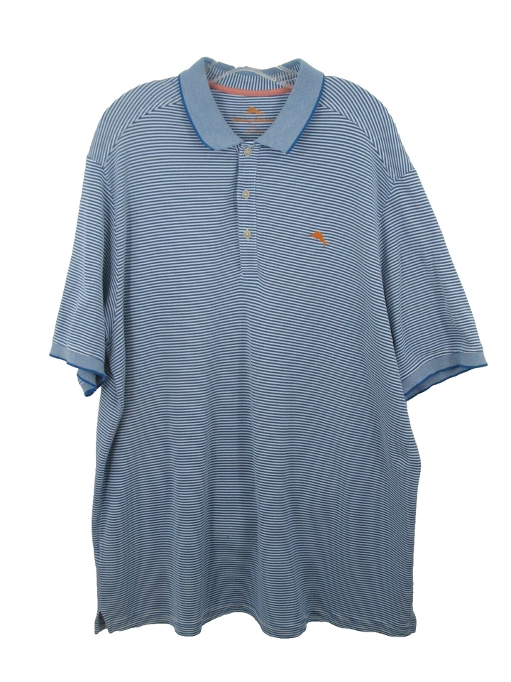 TOMMY BAHAMA Polo Golf Shirt Men XLT Light Blue Stripe Short Sleeves Pima Cotton - Image 1 of 4