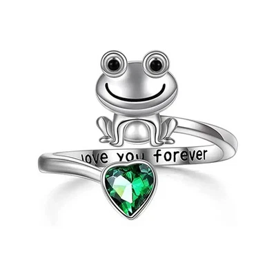 Anillo de diseño de rana ajustable corazón verde con incrustación de vidrio Foto 1 de 2