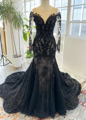 Gothik Schwarz Spitze Brautkleid Hochzeitskleid 32-60 n.Maß Pailetten Mermaid - Bild 1 von 4