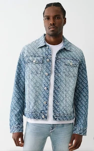 True Religion Denim Trucker Allover Logo denim Full Button Jacket Sz S - Picture 1 of 4