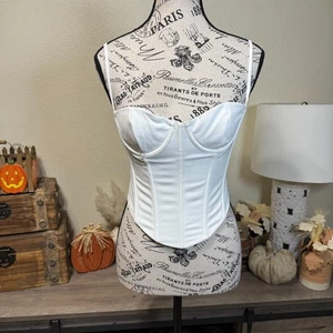 White Fox Cropped Bustier Corset Top Size Small Boning Zipper - Picture 1 of 8