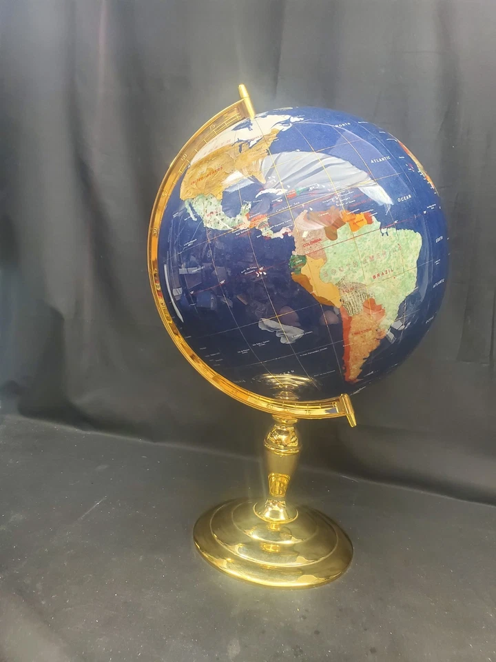 World Globe 13” Diameter Lapis & Semi Precious Gemstone, Gold Base - Image 1 of 4