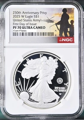 2025 W Silver Eagle Army 250 aniversario privado NGC PF70 primer día 250 Foto 1 de 3