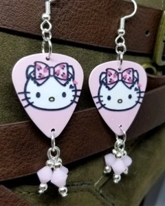 Hello Kitty Guitar Pick Earrings with White Alabaster Swarovski Crystal Dangles - Picture 1 of 3