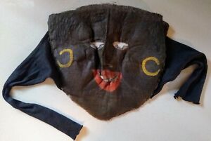 Rare masque de théâtre antique en mousseline grossière visage noir peint à la main vers 1920