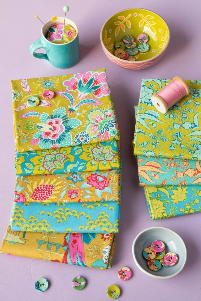 Tilda Bloomsville fabrics by the Fat quarter - cotton quilting fabric. Corn/Sky - Image 1 of 1