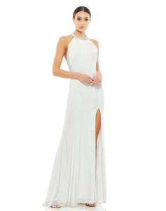 Mac Duggal 25572 Beaded Halter Jersey Gown Sz 4 White - Picture 1 of 2