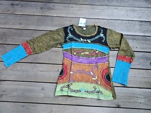 Womens Small Colorful Patchwork Boho Long Sleeve Top Peace Nepal Handmade - Picture 1 of 7