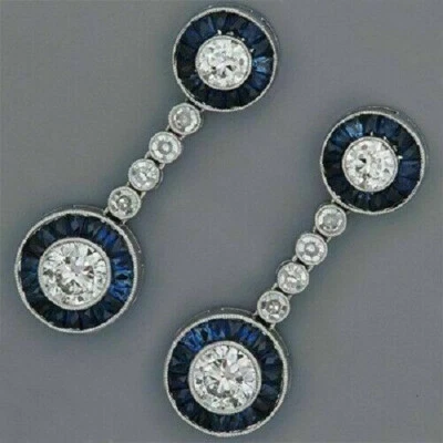 2.40CT Simulated Halo Round White & Blue Sapphire Retro Earrings In 935 Silver - Image 1 of 4