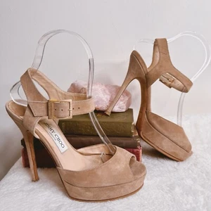 Jimmy Choo Linda Beige Suede Platform Sandal Stiletto Heel Size 36 Glam Neutral - Picture 1 of 11