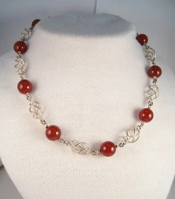 Collana in Agata CORNIOLA naturale e ARGENTO 925 - girocollo pietra dura - - Immagine 1 di 4