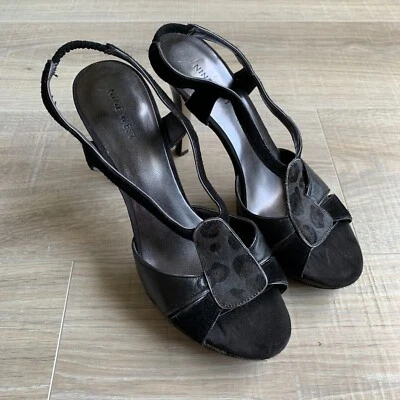 Sandálias de salto alto Nine West couro pele de vaca cabelo preto estampa de animais sapatos 8,5 - Imagem 1 de 4