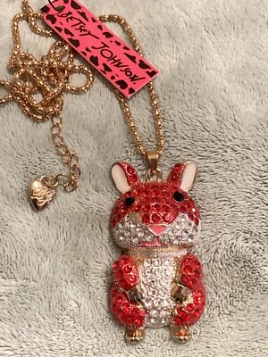Betsey Johnson Red & White Crystal Squirrel Hamster Pendant Gold Necklace - Image 1 of 3