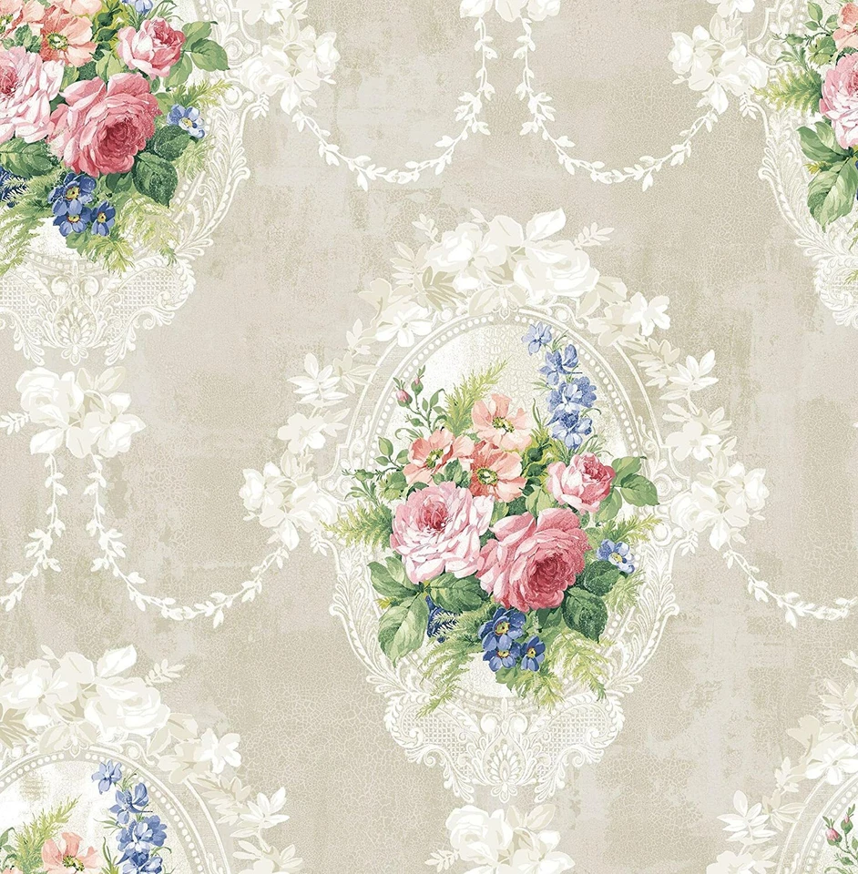 Wallpaper Pink Peach Blue Green Floral Cameo on Taupe Faux ,56 sq ft per bolt - Image 1 of 1