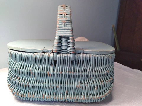 Vintage Painted Turquoise Wicker Basket with Hinged Wood Lid and Handle Lined Cover
