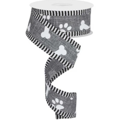 GREY GRAY Paw Print Dog Bone Wired 1.5" Ribbon White Pet Paws Bones Border By Yd - Image 1 of 2