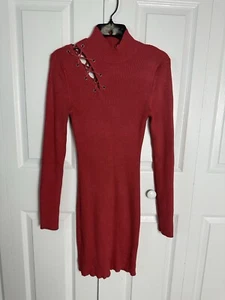 PLANET GOLD LACE UP MIDI SWEATERDRESS Coral Knit NWT XL Ribbed Rayon - Picture 1 of 4