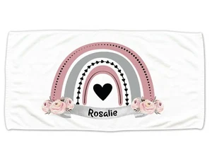 Kinder Handtuch personalisiert, Regenbogen Herz & Rosen, Geschenk für Mädchen - Bild 1 von 5