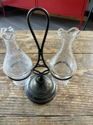 ancien serviteur metal argenté condiments huile vinaigre sel poivre verre 40'  - Photo 1/4