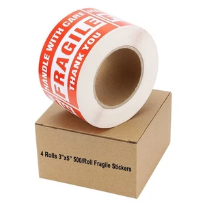 4 Rolls of 500 3x5 Fragile Stickers Handle with Care Shipping Mailing Labels Red - Picture 1 of 10