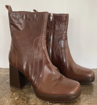 Nine West Donald Brown Leather Square Toe Platform Boot Block Heel Retro 10 Y2K - Image 1 of 4