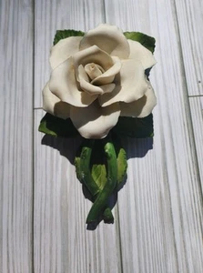 Capodimonte Fabar Porcelain White Rose With Green Stem And Leaves Made In Italy - Picture 1 of 12