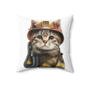 Firefighter Kitty 2 Spun Polyester Square Throw Pillow Cover Cusion Set - Picture 1 of 10