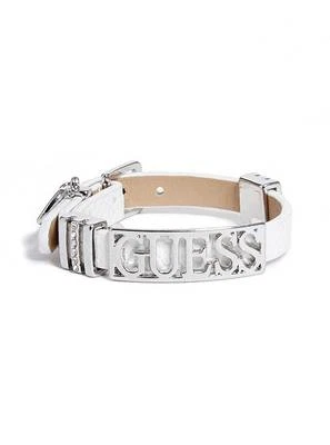 PULSERA GUESS TONO PLATA, CUERO SINTÉTICO BLANCO PITÓN, CRISTALES, PLACA, ENCANTO CORAZÓN Foto 1 de 2