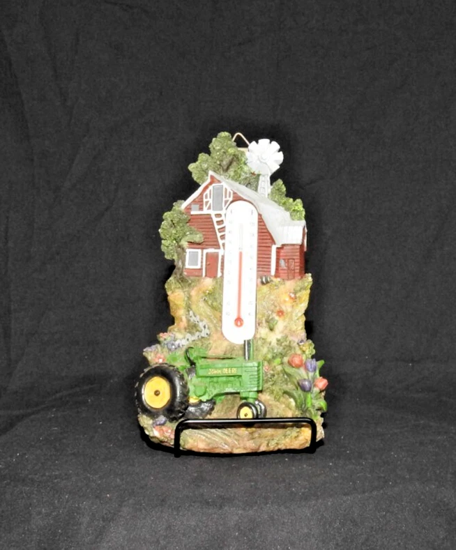 Farm Decor Thermometer Green John Deere Tractor  Red Barn Resin Wall Mounting - Image 1 of 1