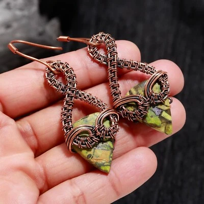 Spiny Copper Turquoise Gemstone Handmade Jewelry Wire Wrapped Copper Earring - Image 1 of 4