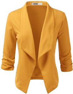 DOUBLJU Women's Casual Work Ruched 3/4 Sleeve Open Front Blazer Jacket with Plus