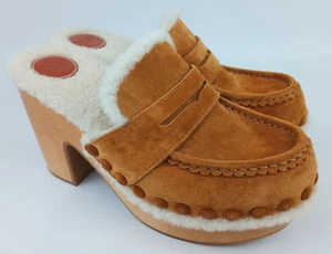 Chloe Damen Joy Blockabsatz Wildleder Shearling Clog Schuhe Karamell braun Größe 40 - Bild 1 von 7
