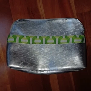 Clinique Make Up Bag Metallic Shiny Silver Green Travel Cosmetic Case Zipper Top - Picture 1 of 12